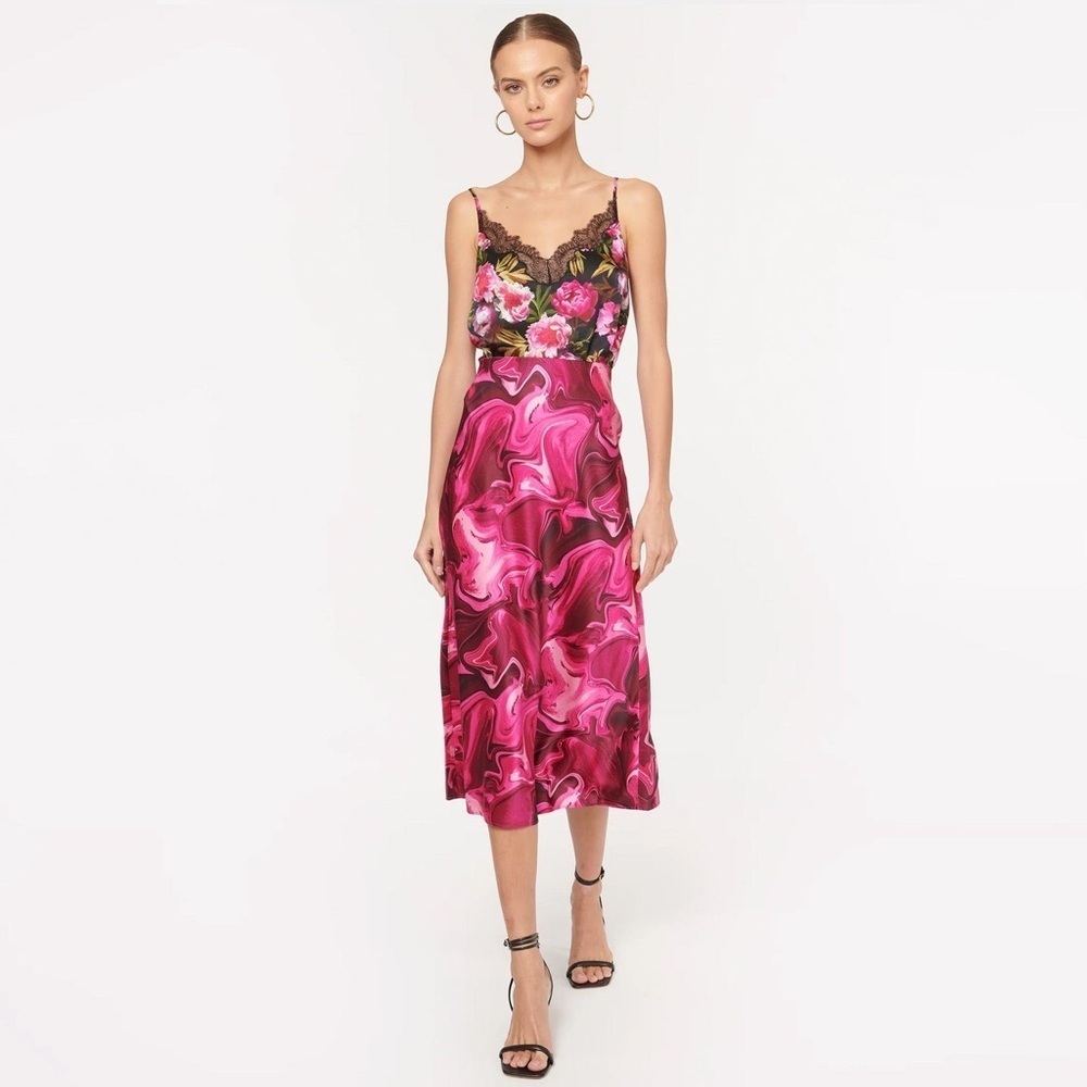 Cami NYC Silk Midi Skirt Slip Hyper Pink Swirl Elastic Waist Small Marble Swirl